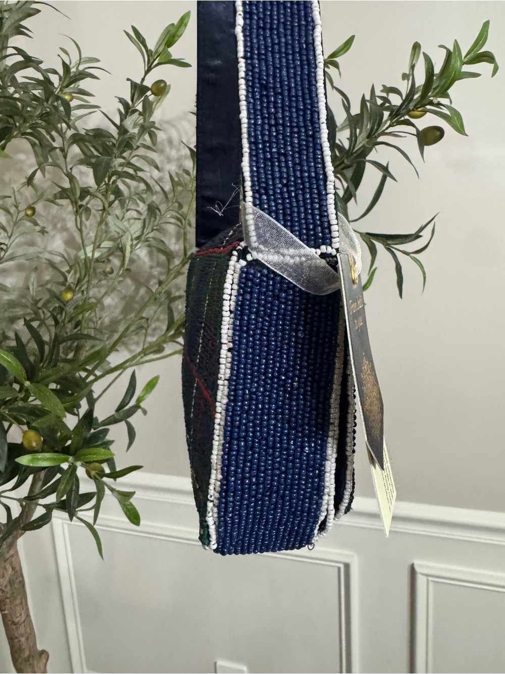 MADE IN INDIA beaded plaid teddy bear flap shoulder bag - Picture 2 of 7